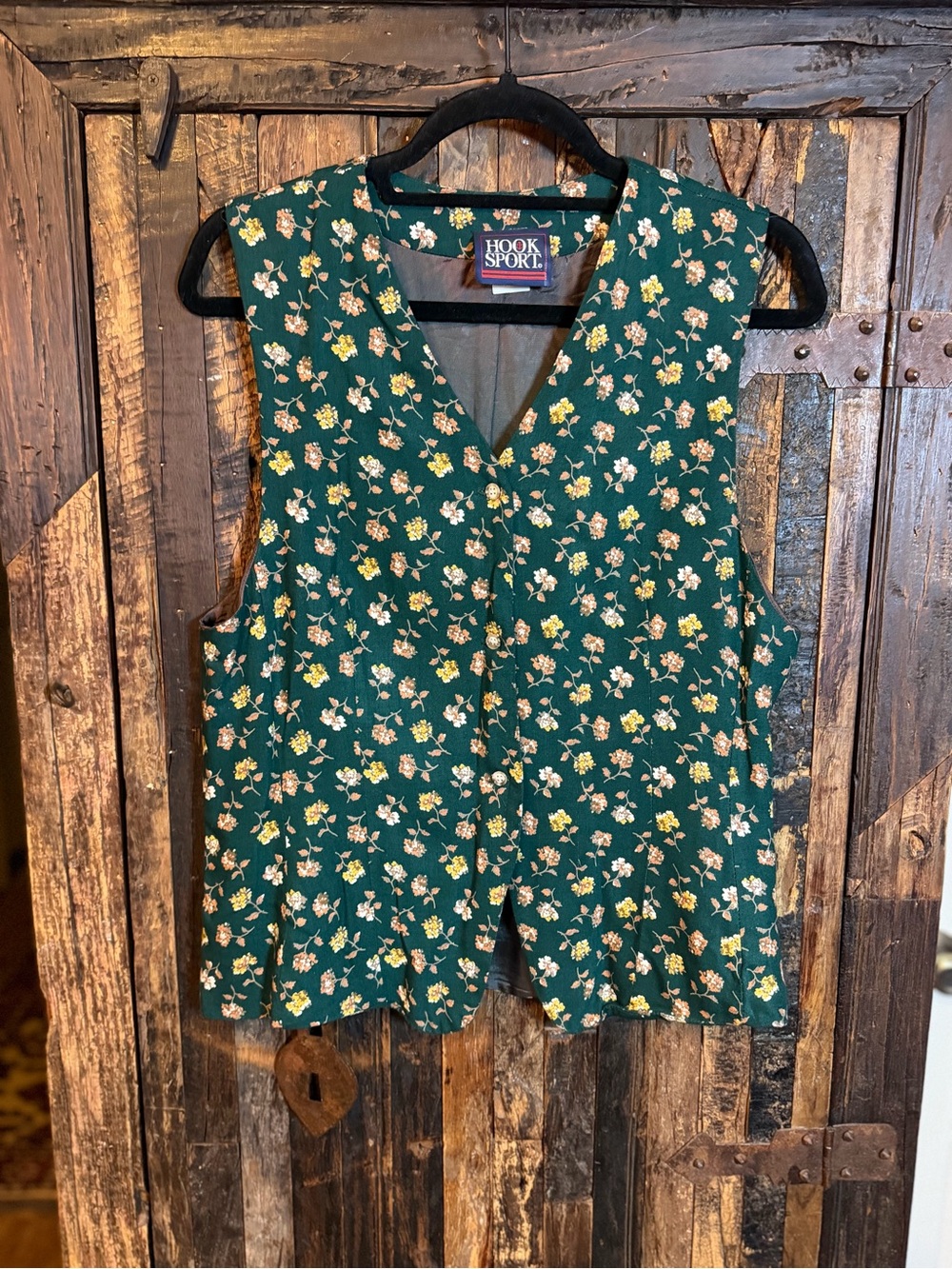 VTG 90s Hook Sport Green Floral Rayon Vest L Made in USA Cottage prairie